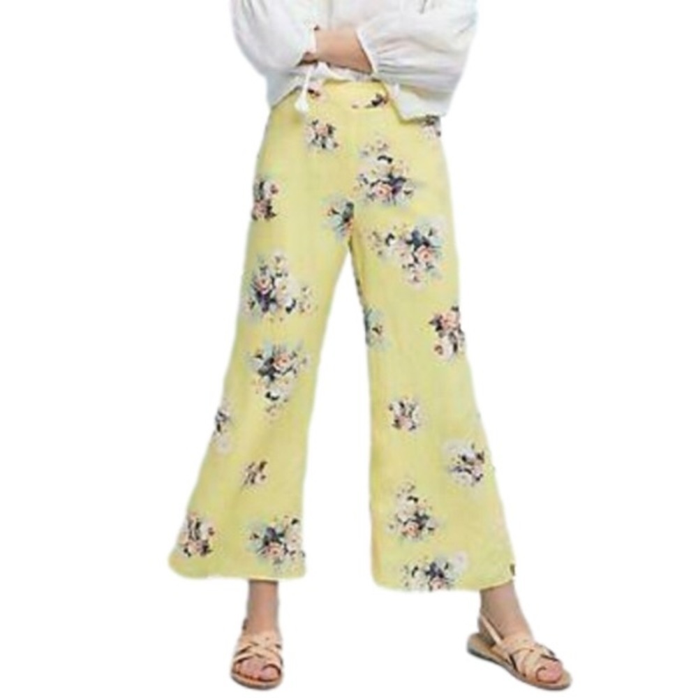 Feather Bone By Anthropologie Yellow Wide Leg Floral Pants